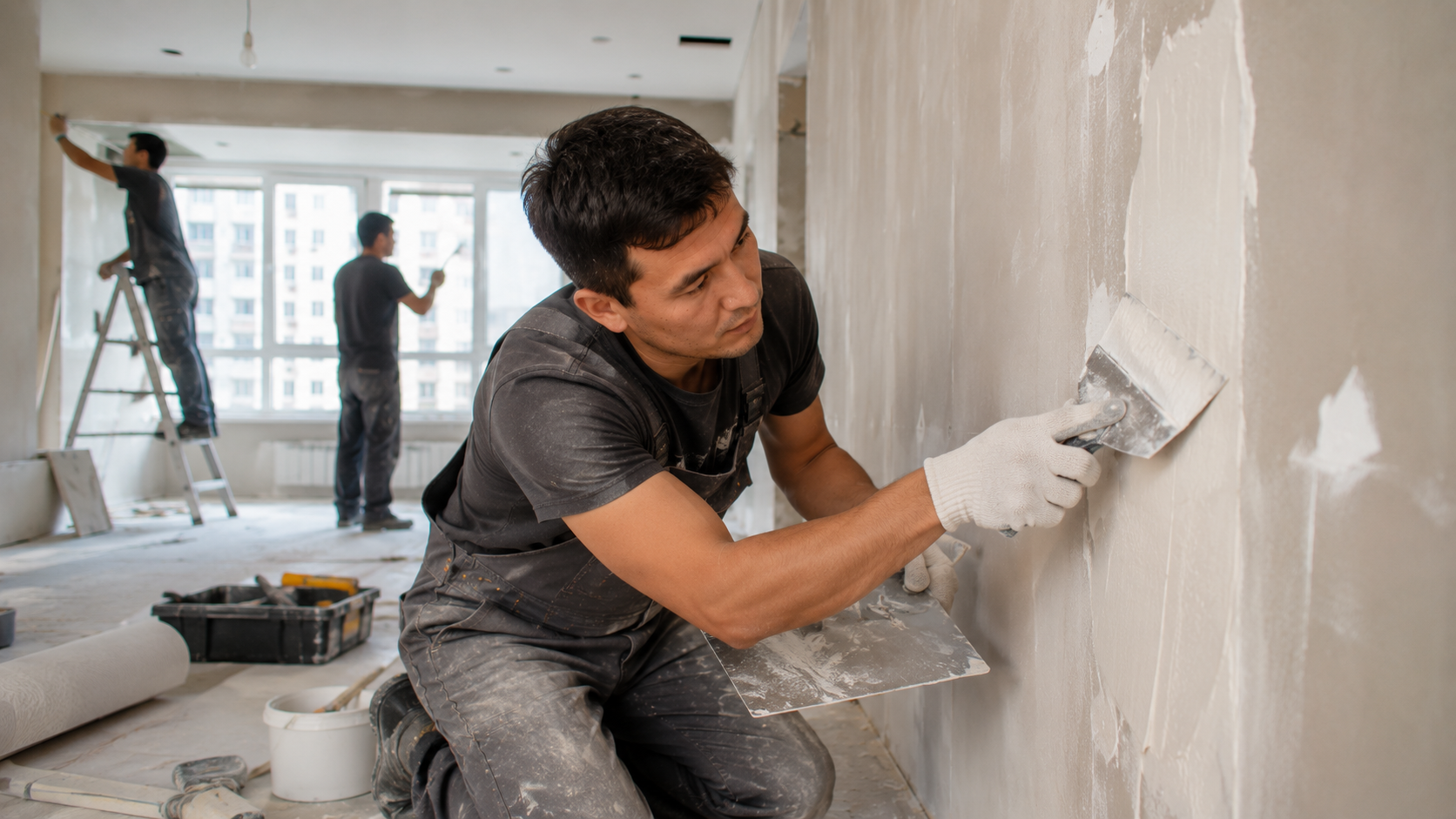 Бригада мастеров в спецодежде на объекте: один шпаклюет стену, рядом инструменты, стремянка и рулон обоев